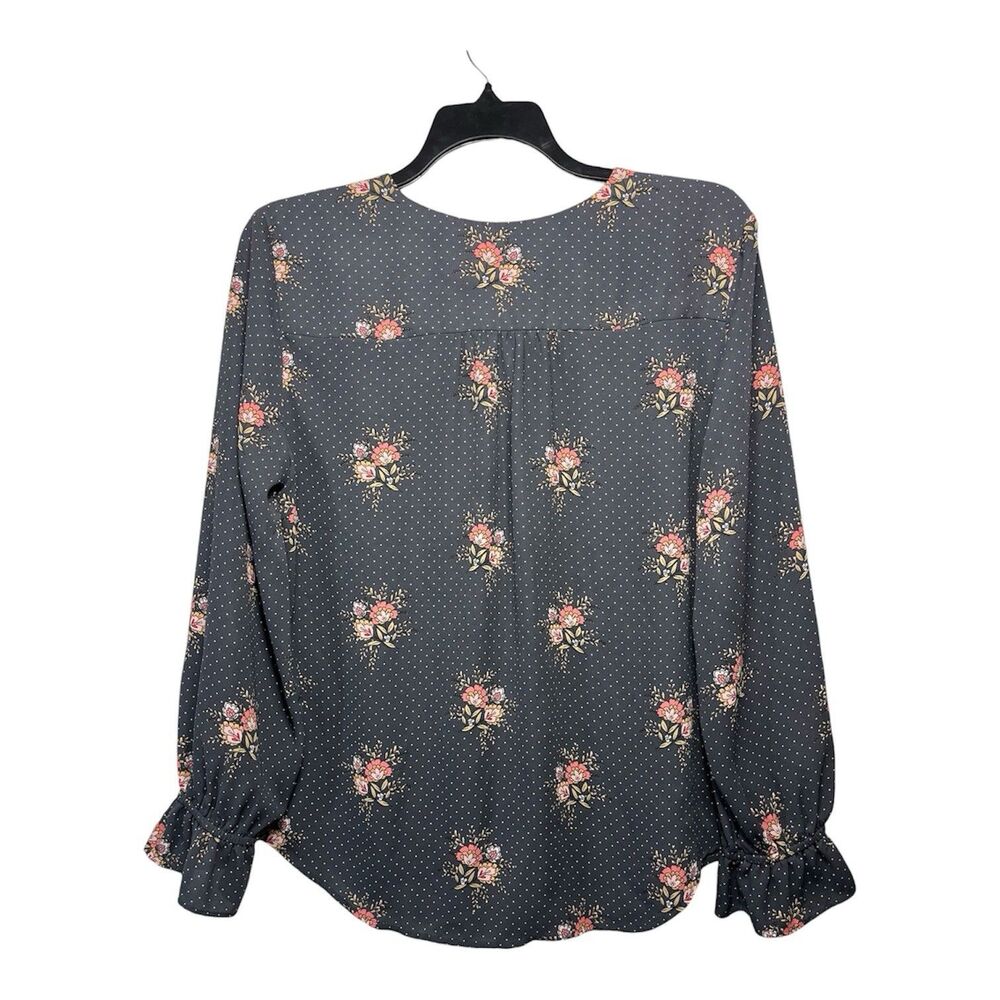 LOFT Women Button Up Blouse XL Gray Floral Polka Dot V-Neck Long Sleeve Boho Top - Picture 2 of 8
